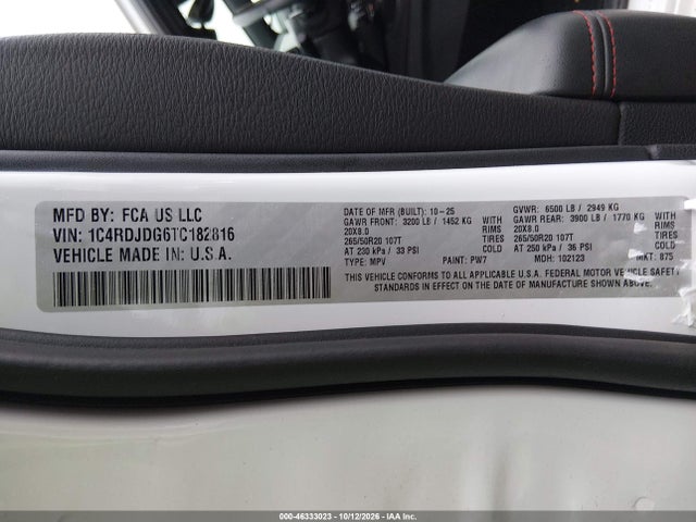 46333023 :رقم المزاد ، 1C4RDJDG6TC182816 vin ، 2026 Dodge Durango Gt Awd مزاد بيع