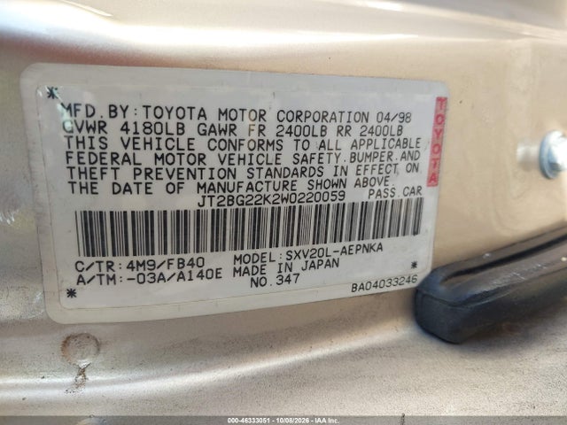 Aukcja sprzedaży 1998 Toyota Camry Le, vin: JT2BG22K2W0220059, numer aukcji: 46333051