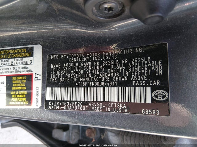 Aukcja sprzedaży 2013 Toyota Camry Se, vin: 4T1BF1FK0DU674911, numer aukcji: 46333078