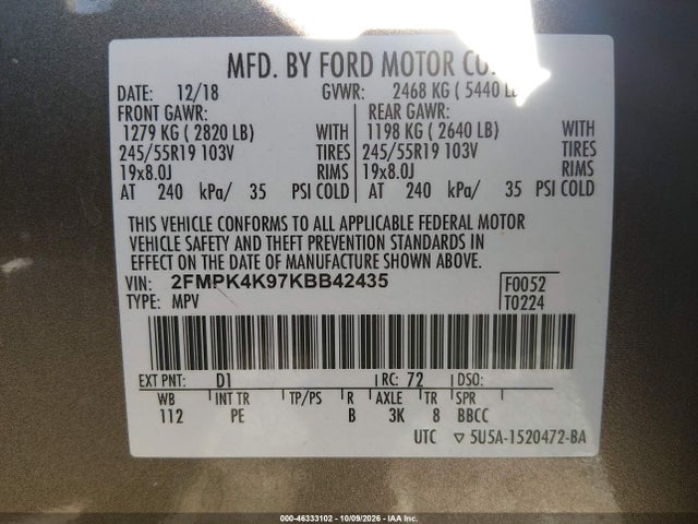 Продаж на аукціоні авто 2019 Ford Edge Titanium, vin: 2FMPK4K97KBB42435, номер лоту: 46333102