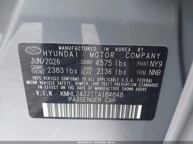 Продаж на аукціоні авто 2026 Hyundai Sonata Hybrid Blue, vin: KMHL24JJ1TA184848, номер лоту: 46333123