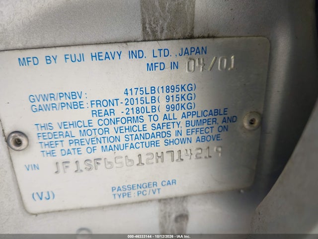 Продаж на аукціоні авто 2002 Subaru Forester S, vin: JF1SF65612H714219, номер лоту: 46333144