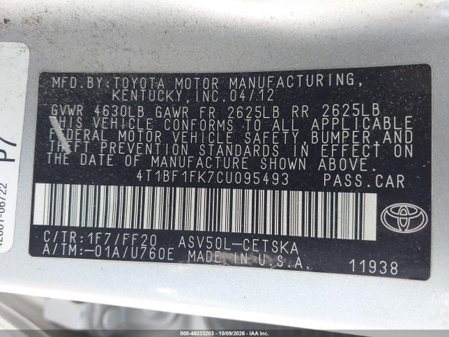 Aukcja sprzedaży 2012 Toyota Camry Se, vin: 4T1BF1FK7CU095493, numer aukcji: 46333203