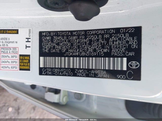 Продажа на аукционе авто 2022 Toyota Prius Le, vin: JTDKAMFU8N3169115, номер лота: 46333236