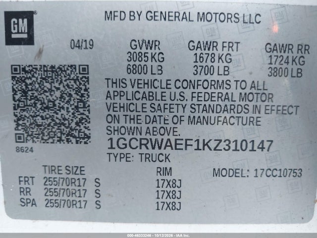 Aukcja sprzedaży 2019 Chevrolet Silverado 1500 Work Truck, vin: 1GCRWAEF1KZ310147, numer aukcji: 46333246