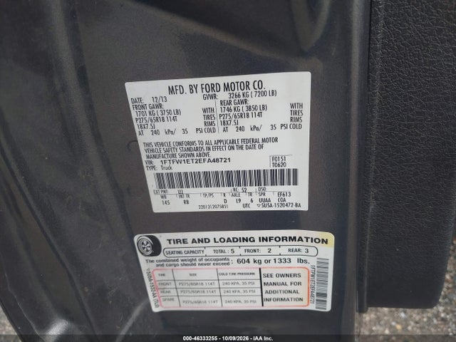 2014 Ford F-150 Fx4 მანქანა იყიდება აუქციონზე, vin: 1FTFW1ET2EFA48721, აუქციონის ნომერი: 46333255
