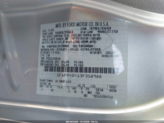 2003 Ford Mustang მანქანა იყიდება აუქციონზე, vin: 1FAFP40413F358988, აუქციონის ნომერი: 46333289