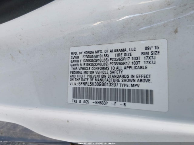 Aukcja sprzedaży 2016 Honda Odyssey Se, vin: 5FNRL5H30GB013207, numer aukcji: 46333297