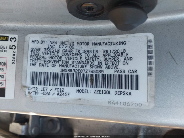 2007 Toyota Corolla S მანქანა იყიდება აუქციონზე, vin: 1NXBR32E87Z765089, აუქციონის ნომერი: 46333339