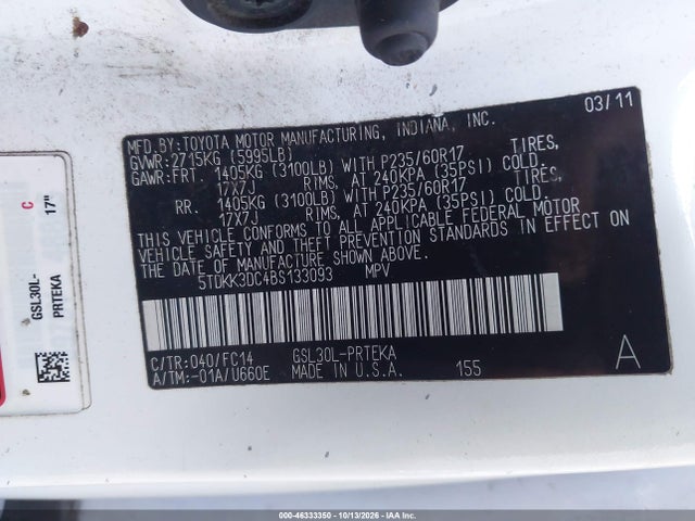 46333350 :رقم المزاد ، 5TDKK3DC4BS133093 vin ، 2011 Toyota Sienna Le V6 مزاد بيع