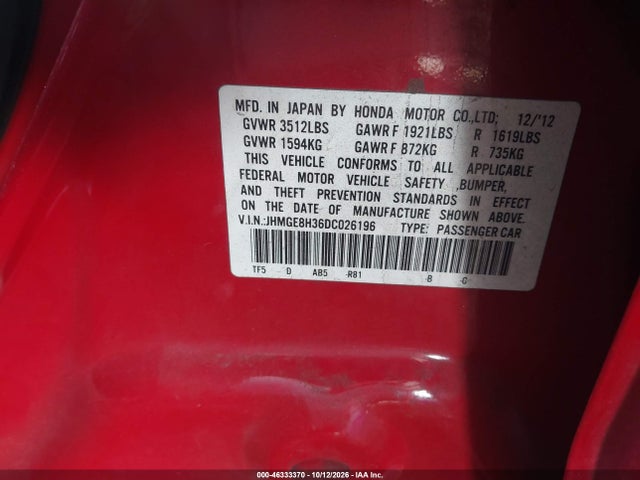 46333370 :رقم المزاد ، JHMGE8H36DC026196 vin ، 2013 Honda Fit مزاد بيع