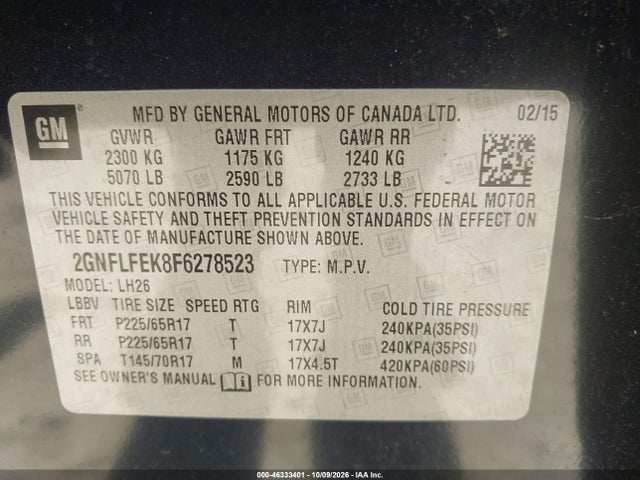 46333401 :رقم المزاد ، 2GNFLFEK8F6278523 vin ، 2015 Chevrolet Equinox 1lt مزاد بيع