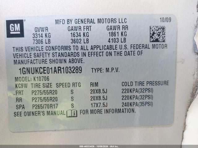 Aukcja sprzedaży 2010 Chevrolet Tahoe Ltz, vin: 1GNUKCE01AR103289, numer aukcji: 46333426