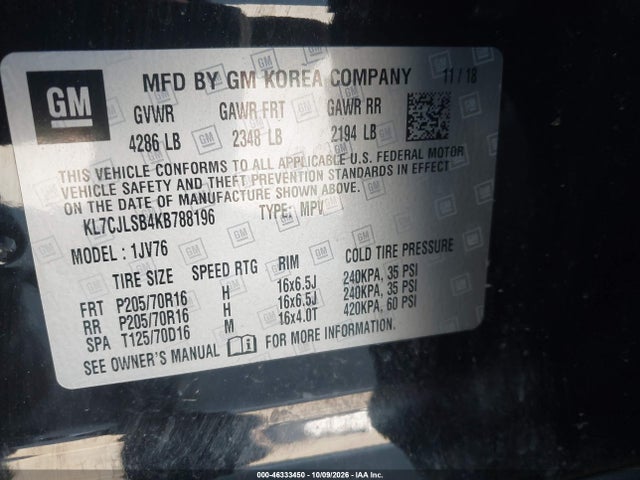 46333450 :رقم المزاد ، KL7CJLSB4KB788196 vin ، 2019 Chevrolet Trax Lt مزاد بيع