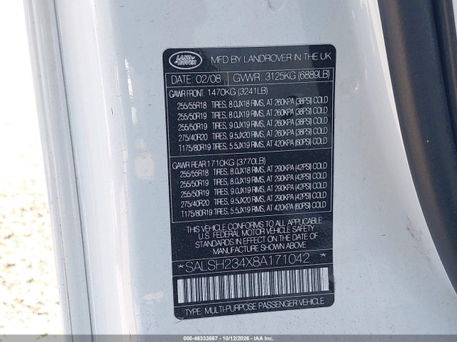 Продажа на аукционе авто 2008 Land Rover Range Rover Sport Supercharged, vin: SALSH234X8A171042, номер лота: 46333567