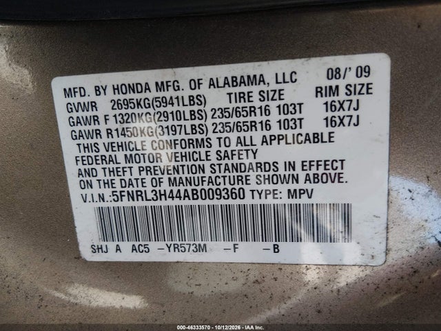 Aukcja sprzedaży 2010 Honda Odyssey Ex, vin: 5FNRL3H44AB009360, numer aukcji: 46333570