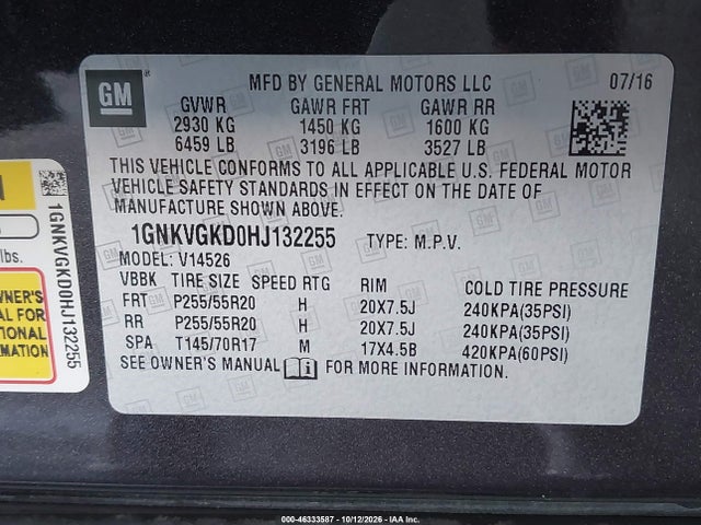 Chevrolet Traverse 1lt 2017 1GNKVGKD0HJ132255 Image 9