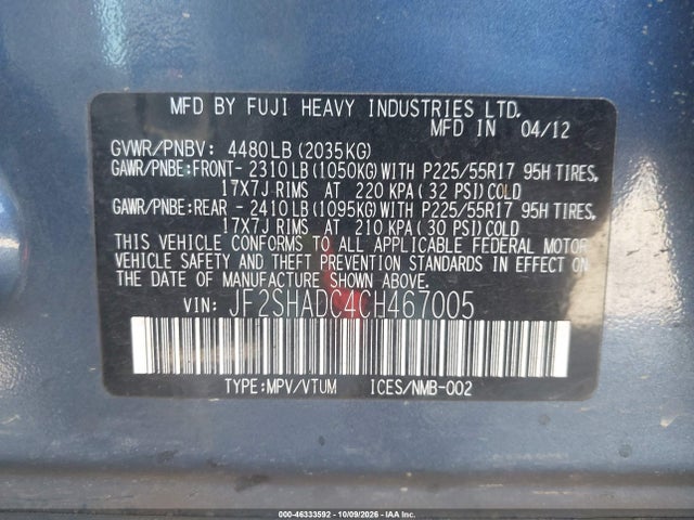 Aukcja sprzedaży 2012 Subaru Forester 2.5x Premium, vin: JF2SHADC4CH467005, numer aukcji: 46333592