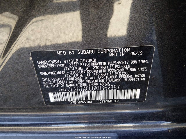 Subaru Crosstrek 2.0i Premium 2019 JF2GTACC6KH362387 Image 9