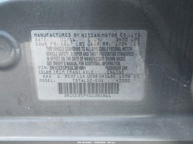 46333651 :رقم المزاد ، 3N1CE2CPXGL381861 vin ، 2016 Nissan Versa Note Sv مزاد بيع