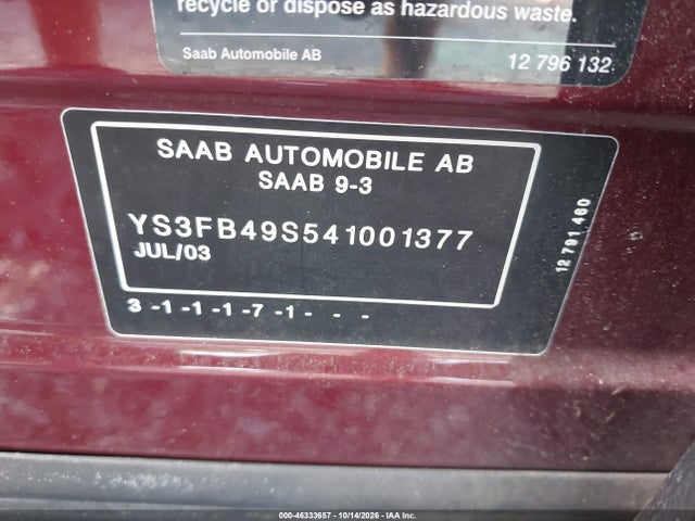 Продажа на аукционе авто 2004 Saab 9-3 Linear, vin: YS3FB49S541001377, номер лота: 46333657
