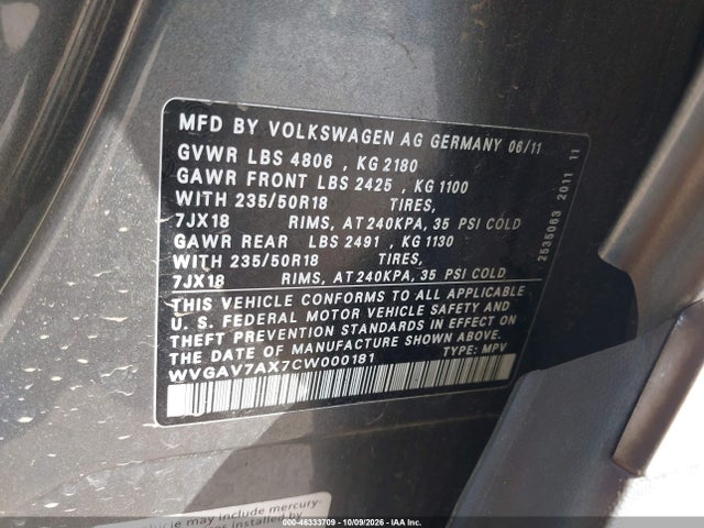 2012 Volkswagen Tiguan Se მანქანა იყიდება აუქციონზე, vin: WVGAV7AX7CW000181, აუქციონის ნომერი: 46333709