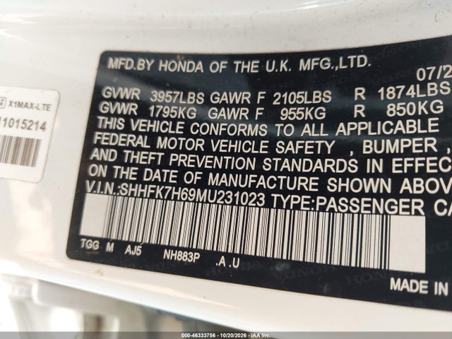 Продаж на аукціоні авто 2021 Honda Civic Ex, vin: SHHFK7H69MU231023, номер лоту: 46333756