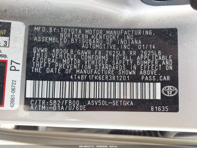 2014 Toyota Camry Xle მანქანა იყიდება აუქციონზე, vin: 4T4BF1FK6ER381201, აუქციონის ნომერი: 46333772