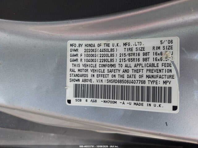 Продажа на аукционе авто 2006 Honda Cr-v Lx, vin: SHSRD68506U407768, номер лота: 46333791