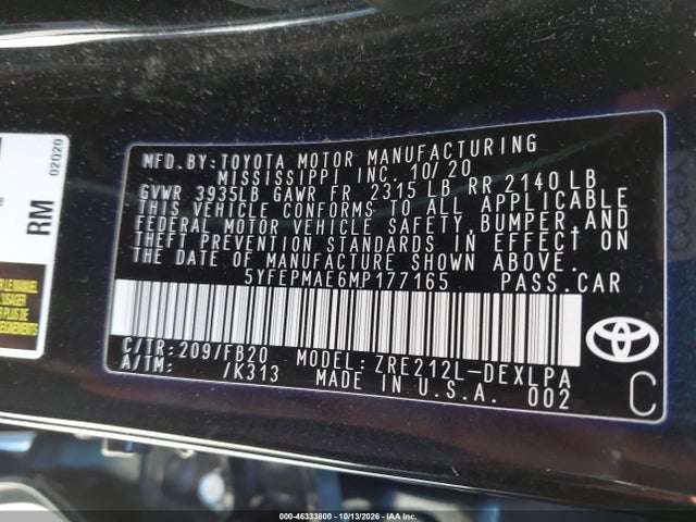 Aukcja sprzedaży 2021 Toyota Corolla Le, vin: 5YFEPMAE6MP177165, numer aukcji: 46333800