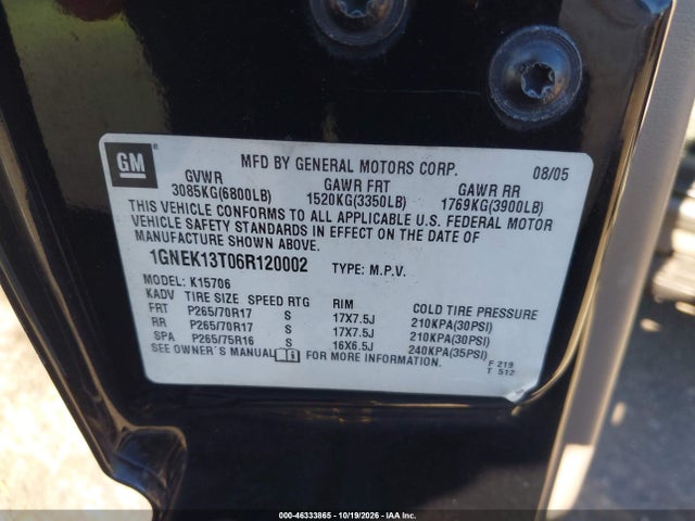 46333865 :رقم المزاد ، 1GNEK13T06R120002 vin ، 2006 Chevrolet Tahoe Z71 مزاد بيع