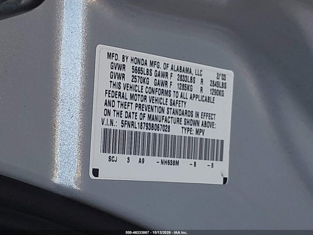 Aukcja sprzedaży 2003 Honda Odyssey Ex-l, vin: 5FNRL18793B067028, numer aukcji: 46333867