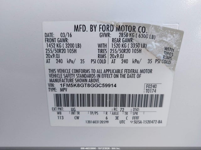 2016 Ford Explorer Sport მანქანა იყიდება აუქციონზე, vin: 1FM5K8GT8GGC59914, აუქციონის ნომერი: 46333895