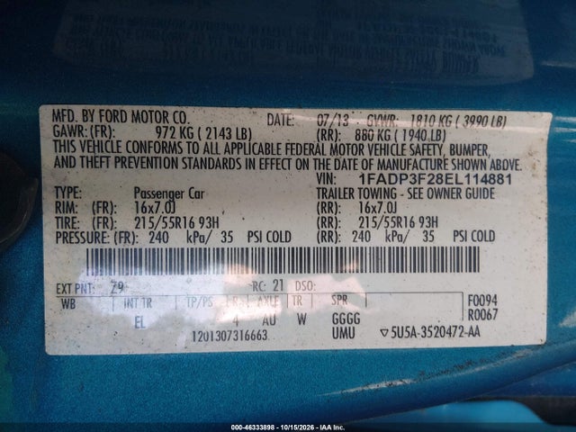 2014 Ford Focus Se მანქანა იყიდება აუქციონზე, vin: 1FADP3F28EL114881, აუქციონის ნომერი: 46333898