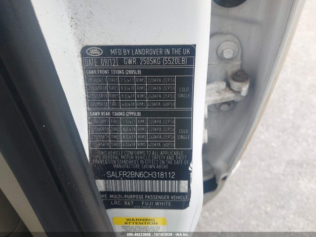 Aukcja sprzedaży 2012 Land Rover Lr2 Hse, vin: SALFR2BN6CH318112, numer aukcji: 46333906