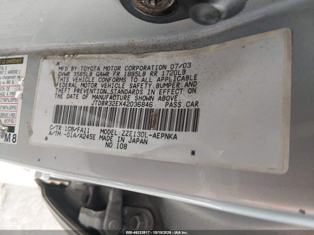 Aukcja sprzedaży 2004 Toyota Corolla Le, vin: JTDBR32EX42036846, numer aukcji: 46333917