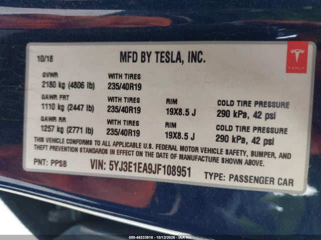 Продаж на аукціоні авто 2018 Tesla Model 3, vin: 5YJ3E1EA9JF108951, номер лоту: 46333918