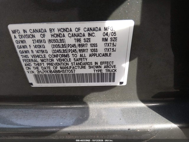 2006 Honda Ridgeline Rts მანქანა იყიდება აუქციონზე, vin: 2HJYK16486H517057, აუქციონის ნომერი: 46333965