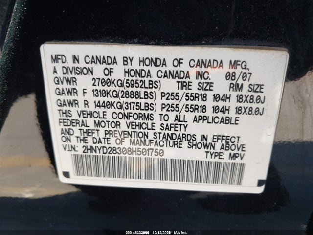 Aukcja sprzedaży 2008 Acura Mdx Technology Package, vin: 2HNYD28308H501750, numer aukcji: 46333999