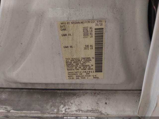 2018 Nissan Altima 2.5 Sr მანქანა იყიდება აუქციონზე, vin: 1N4AL3AP3JC282911, აუქციონის ნომერი: 46334001