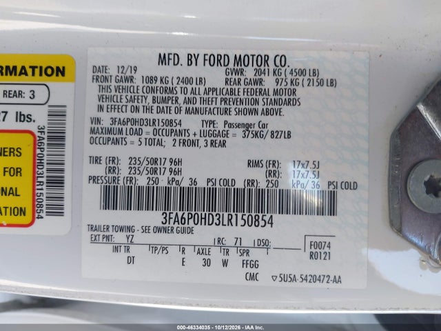 2020 Ford Fusion Se მანქანა იყიდება აუქციონზე, vin: 3FA6P0HD3LR150854, აუქციონის ნომერი: 46334035