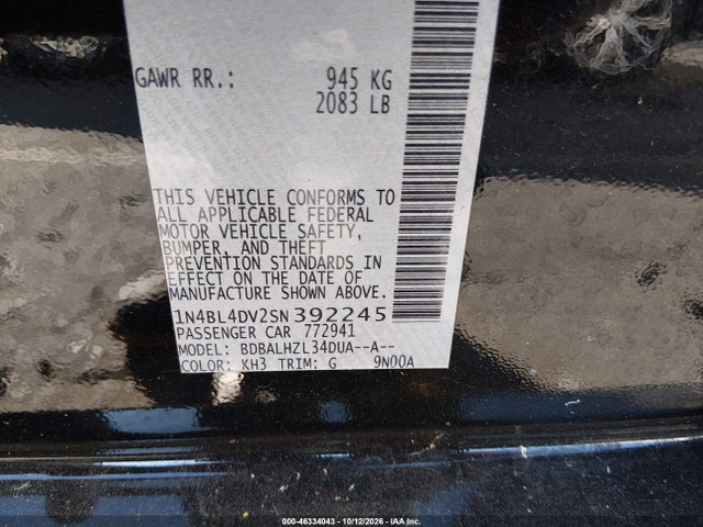 2025 Nissan Altima Sv Fwd მანქანა იყიდება აუქციონზე, vin: 1N4BL4DV2SN392245, აუქციონის ნომერი: 46334043