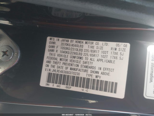 Aukcja sprzedaży 2008 Honda Cr-v Lx, vin: JHLRE48388C070230, numer aukcji: 46334047
