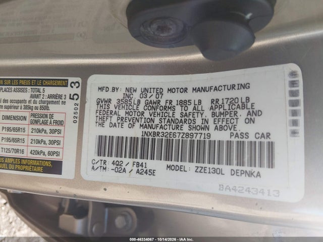 46334067 :رقم المزاد ، 1NXBR32E67Z897719 vin ، 2007 Toyota Corolla Le مزاد بيع