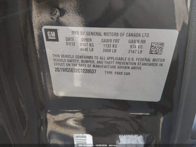 Продажа на аукционе авто 2012 Chevrolet Impala Lt, vin: 2G1WG5E32C1228637, номер лота: 46334083