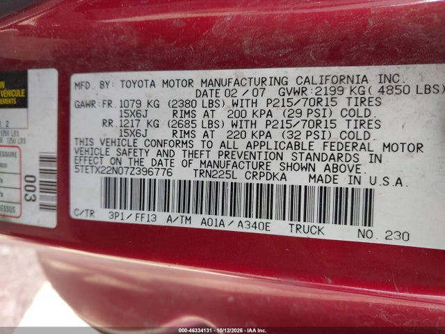 Продаж на аукціоні авто 2007 Toyota Tacoma, vin: 5TETX22N07Z396776, номер лоту: 46334131