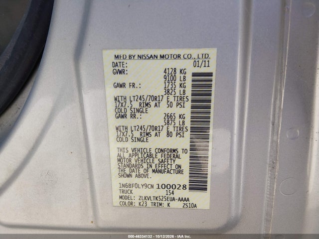 46334132 :رقم المزاد ، 1N6BF0LY9CN100028 vin ، 2012 Nissan Nv 2500 Nv2500 Hd Sv V6 مزاد بيع