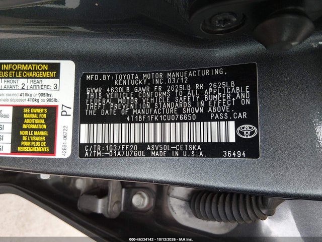 2012 Toyota Camry Se მანქანა იყიდება აუქციონზე, vin: 4T1BF1FK1CU076650, აუქციონის ნომერი: 46334142