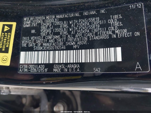 Aukcja sprzedaży 2013 Toyota Highlander Limited V6, vin: 5TDDK3EH5DS192546, numer aukcji: 46334144