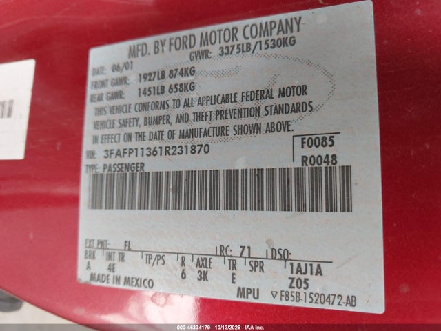 2001 Ford Escort Zx2 მანქანა იყიდება აუქციონზე, vin: 3FAFP11361R231870, აუქციონის ნომერი: 46334179